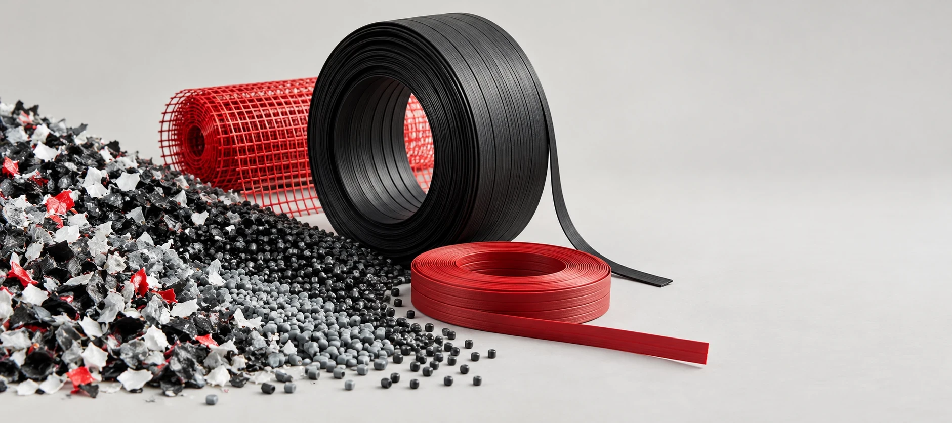 Illustration af plastflager, granulat og oprullede plastprodukter